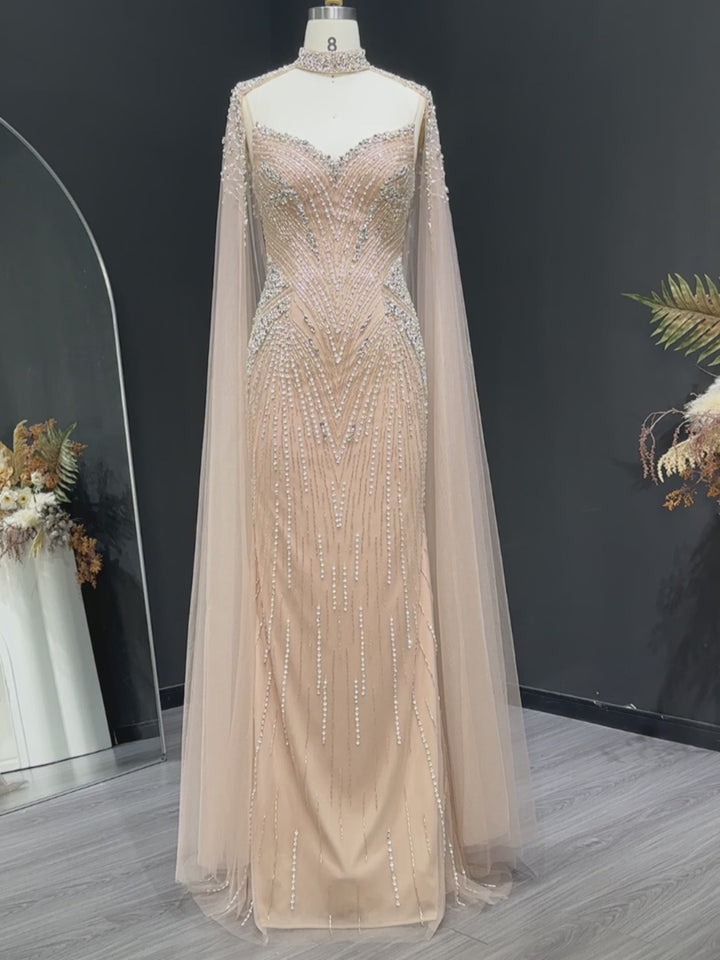 Luxury Blue Crystal Beaded Spaghetti Strap Evening Gown with Cape SS151