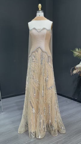 Elegant Champagne Strapless Beaded Evening Dress with Shawl SS132