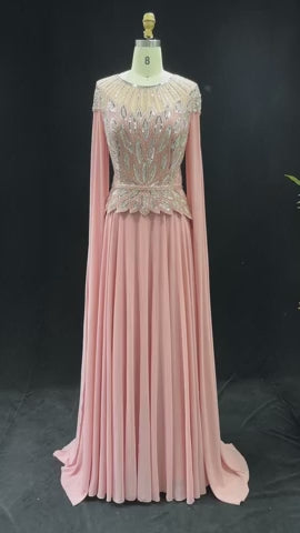 Elegant Crystal Beaded Evening Gown with Draped Sleeves SS104