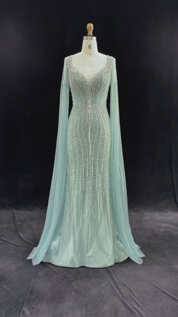 V-Neck Beaded Evening Gown with Flowing Cape Sleeves SS151