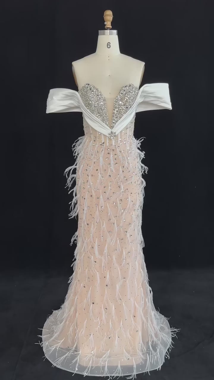 White Nude Off-Shoulder Beaded Feather-Trim Evening Gown SS640