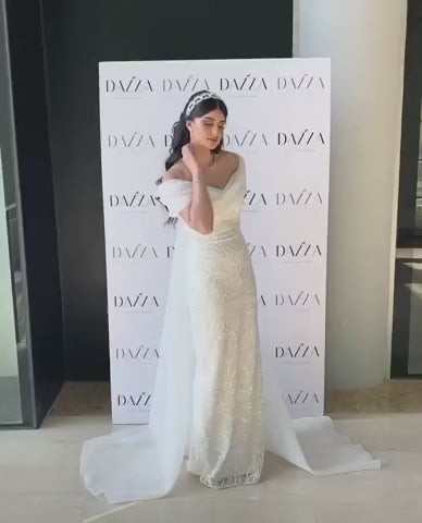 Elegant Off-Shoulder White Mermaid Evening Dress Beaded with Train SS636