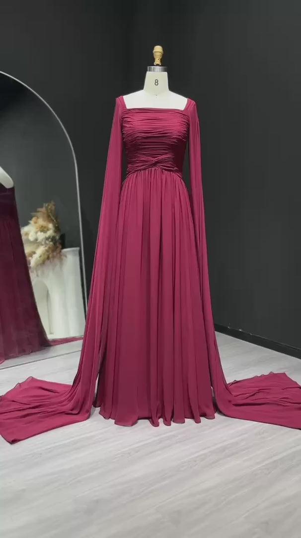 Elegant Red Chiffon Arabic Evening Dresses with Cape Sleeves SF032