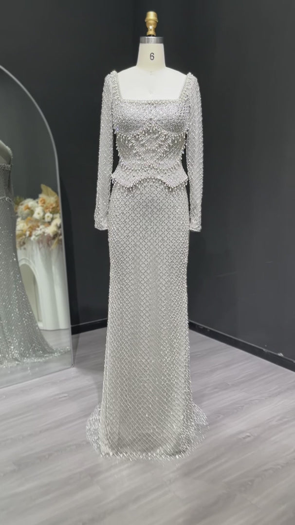 Sophisticated Gray Crystal Evening Dress with Sleek Long Sleeves SS633