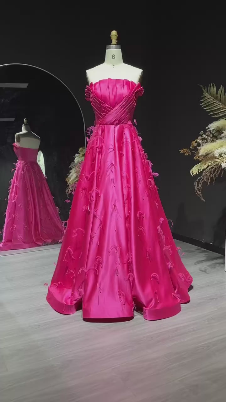 Glamorous Fuchsia Satin Strapless Evening Dress with Feather SS569