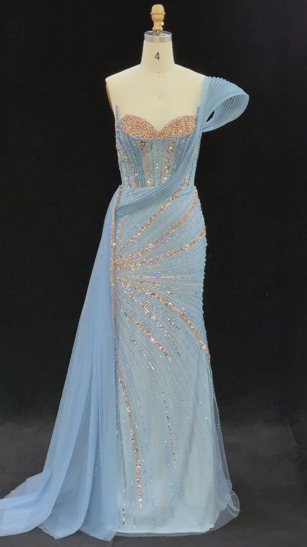 Sculpted-Shoulder Beaded Corset Evening Gown SS137