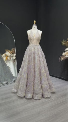 Elegant Gray Green Gradient Halter Prom Dress with Voluminous SS735