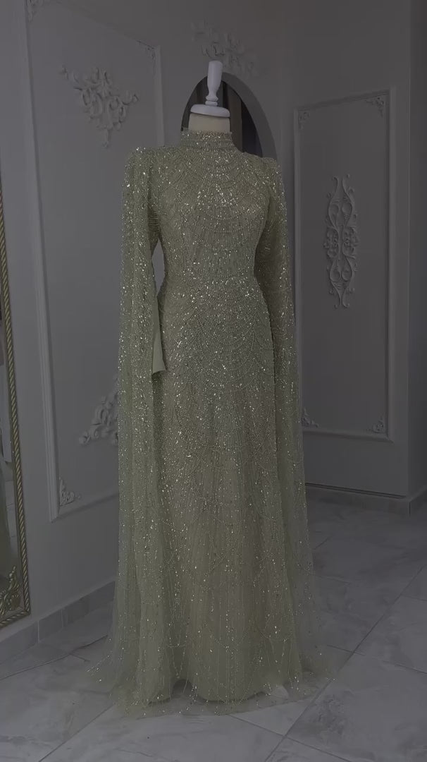 Dubai Sage Green Muslim Evening Dress High Neck Women Wedding Party SS630