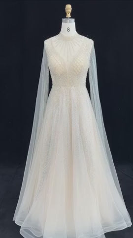 Luxury Crystal Beaded High Neck Cape Sleeve A-Line Tulle Evening Gown SS060
