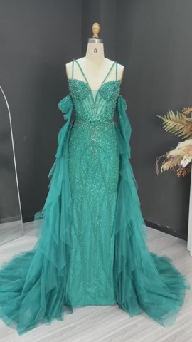 Elegant Off-Shoulder Evening Gown with Beaded Bodice Layered Tulle Train SS123