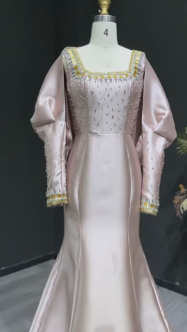 Luxury Khaki Satin Evening Gown with Beaded Bodice Detached Long Sleeves SS574
