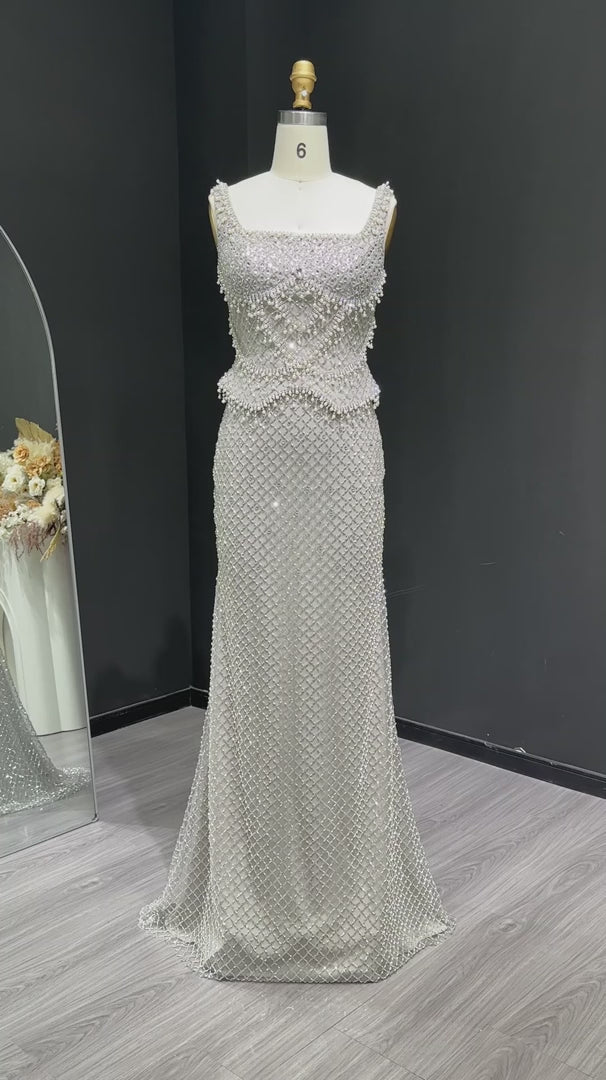 Luxury Silver Grey Evening Dress with Crystal Beading SS631