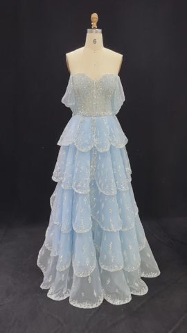 Glamorous Pink Strapless Sequin Layered Tulle Evening Dress SS612