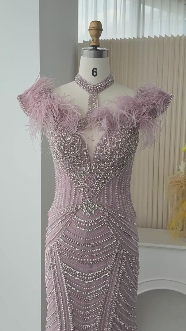 Beaded Feather-Trim Fitted Evening Gown SS170