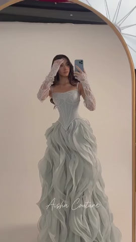 Dreamy Vow Gray Ruffle A-Line Evening Dress with Lace Gloves SS672