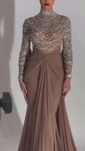 Luxury Brown Evening Gown with High Neckline Draped Skirt SS402