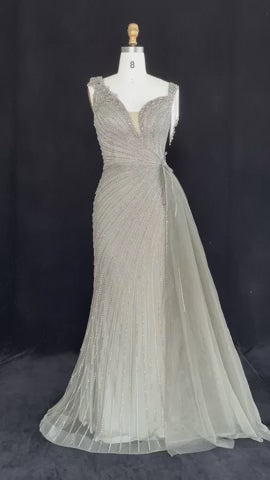 ‌ Luxury Intricately Beaded Fringe-Shoulder Fitted Evening Gown SS103