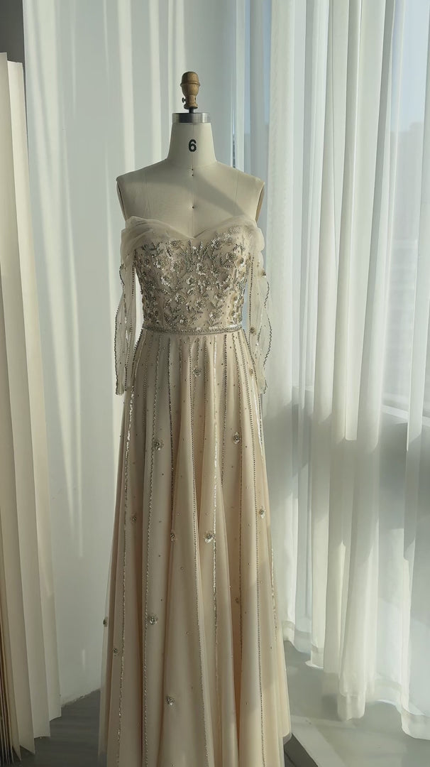 Luxury Beige Off Shoulder Beaded Evening Dress with Sheer Long Sleeves SS421