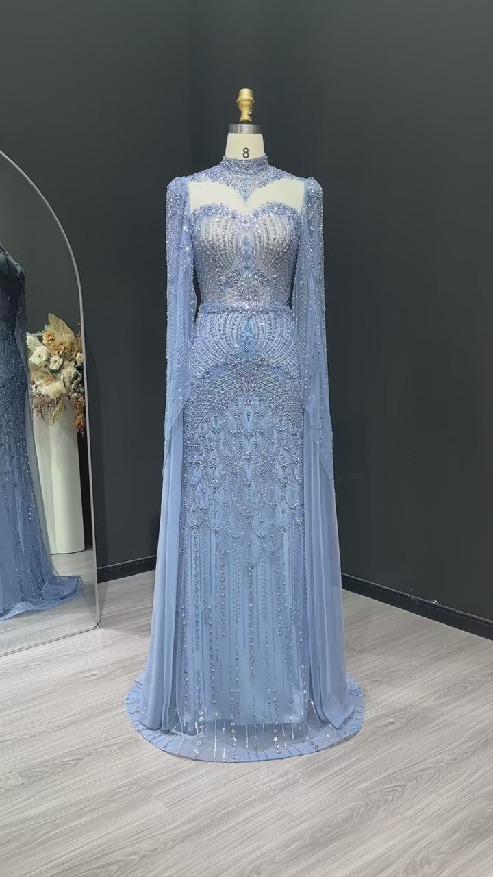 Blue Arabic Style Beaded Evening Dress with High Neck SS079