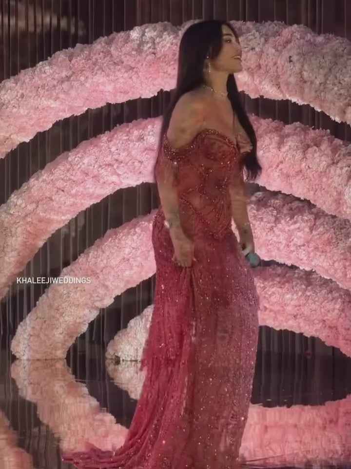 Luxury Fuchsia Off-Shoulder Beaded Tassel Mermaid Evening Dress SS516
