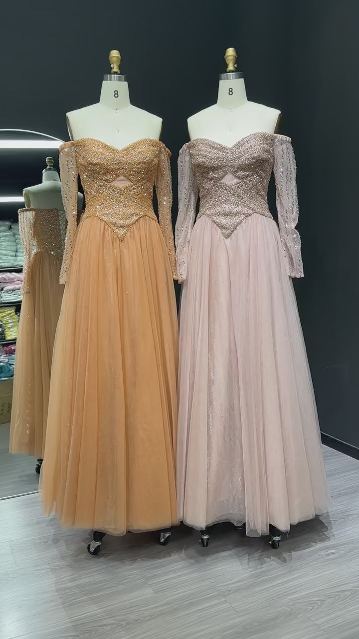 Elegant Champagne Off Shoulder Evening Gown with Arabic Style SS116