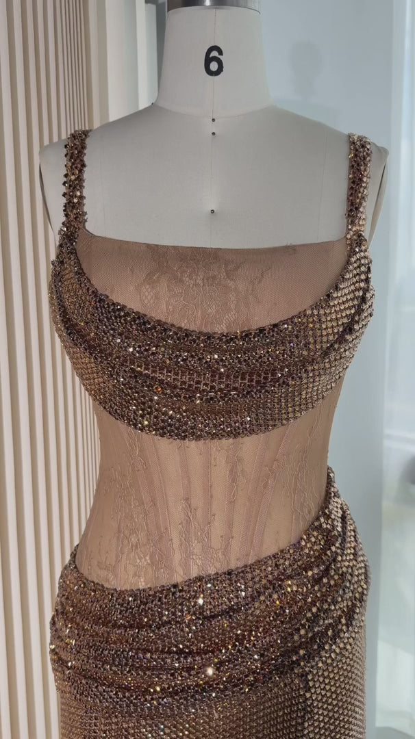 Champagne Beaded Corset Evening Gown with Front Slit SS331