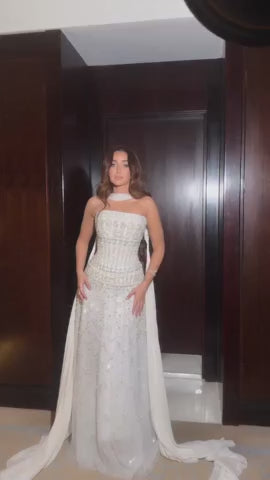 Luxury White Beaded Strapless Evening Dress with Flowing Cape SS508