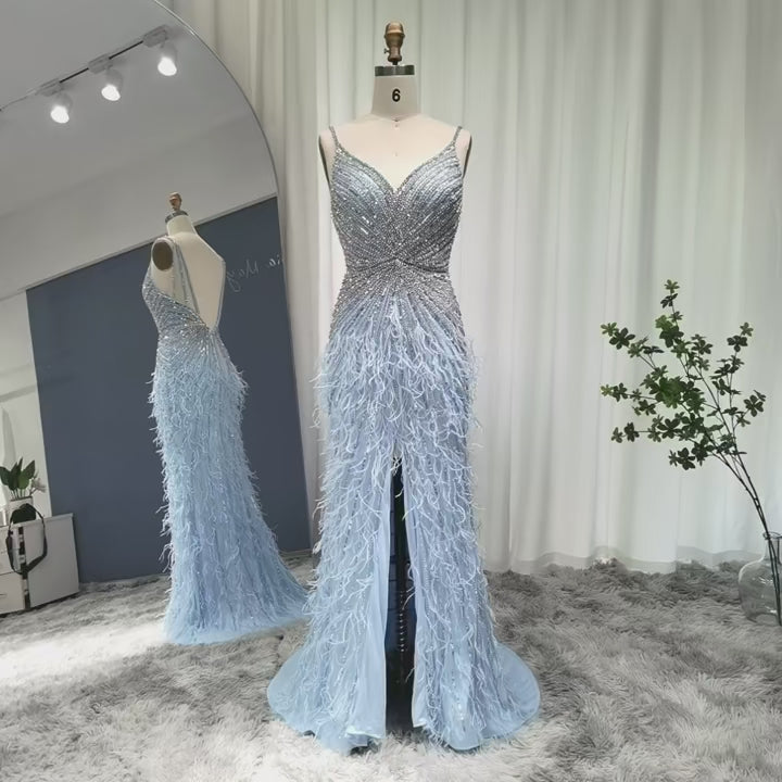 Elegant Blue Mermaid Evening Dress with Beading and Feather Train SS004
