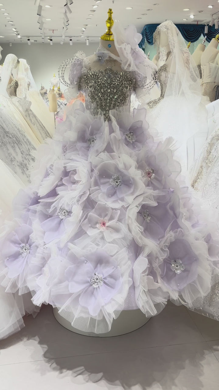 Lilac 3D Giant Floral Crystal Beaded Princess Ball Gown for Flower Girls Dress W101