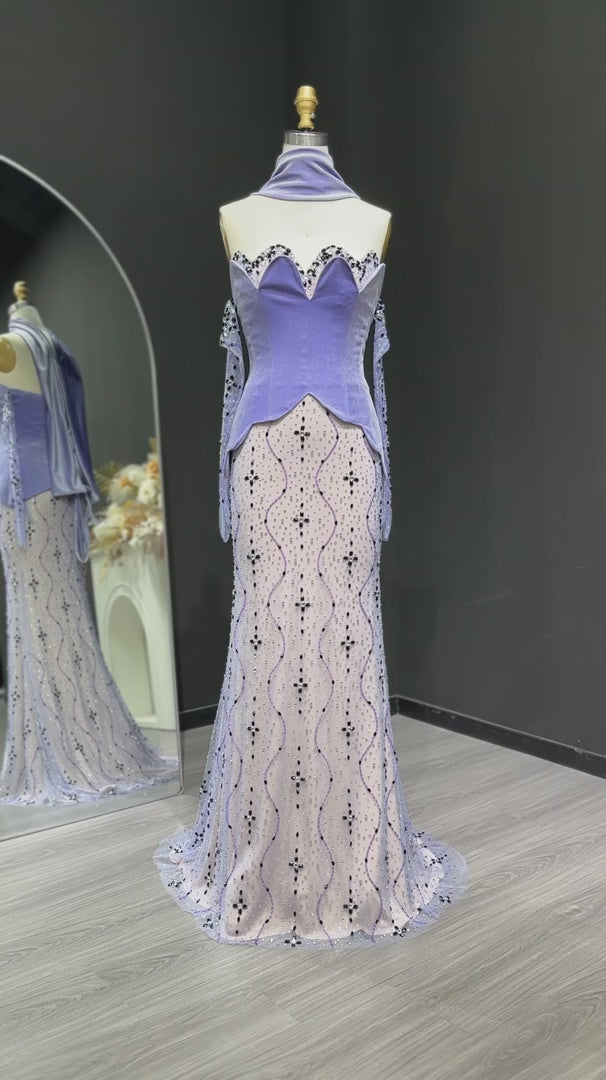 Luxury Two Pieces Purple Velvet Mermaid Evening Dress SS269