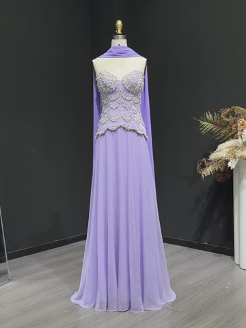 Luxury Lavender Strapless Beaded Evening Dress with Scarf SS753