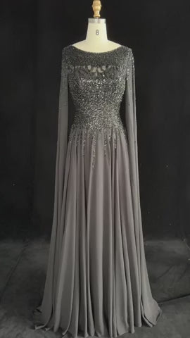 Elegant Beaded Cape Sleeve Chiffon A-Line Evening Dress SS105