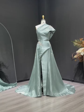 Luxury Satin One Shoulder Evening Dress with Beaded Embroidery Overskirt SS600