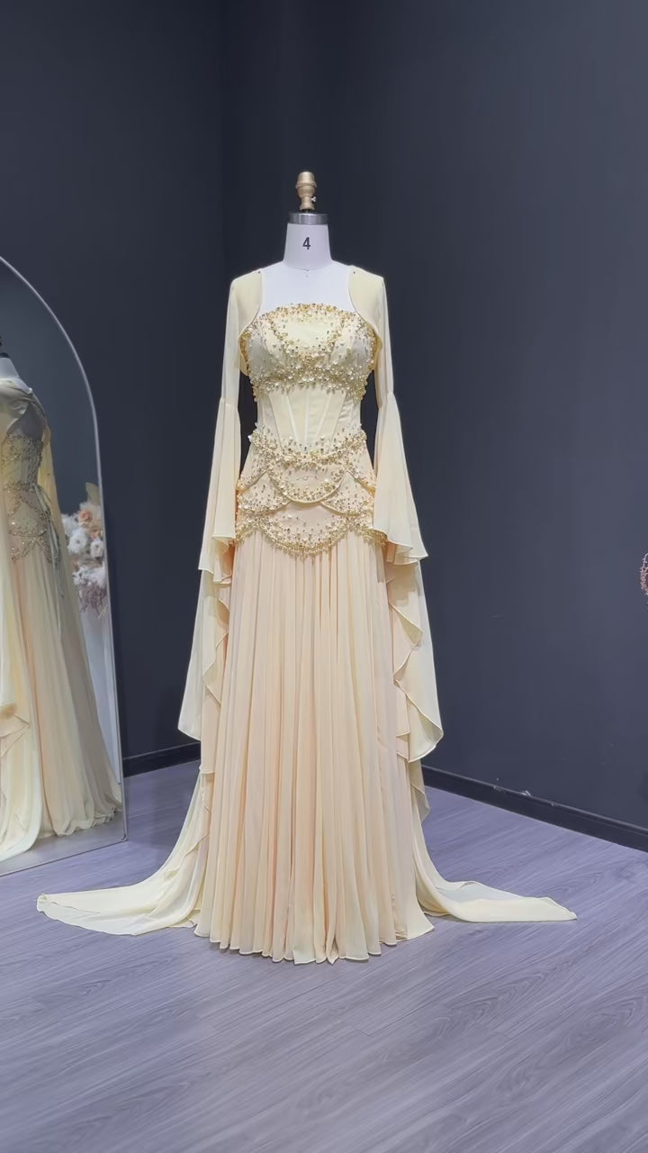 Luxury Pearls Tassel Blue Evening Dress with Flowing coat SS286