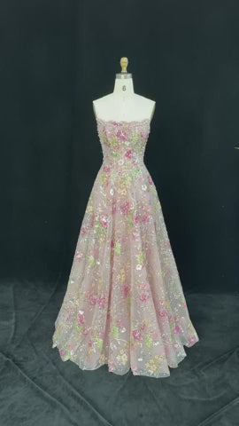 Luxury Pink Floral Glitter Evening Dress with Sparkling Embellishments SS460