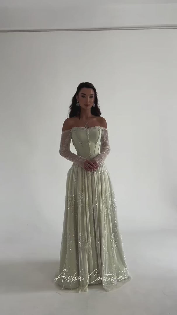 Luxury Beige Crystal Beaded Long Sleeve Evening Dress SS628