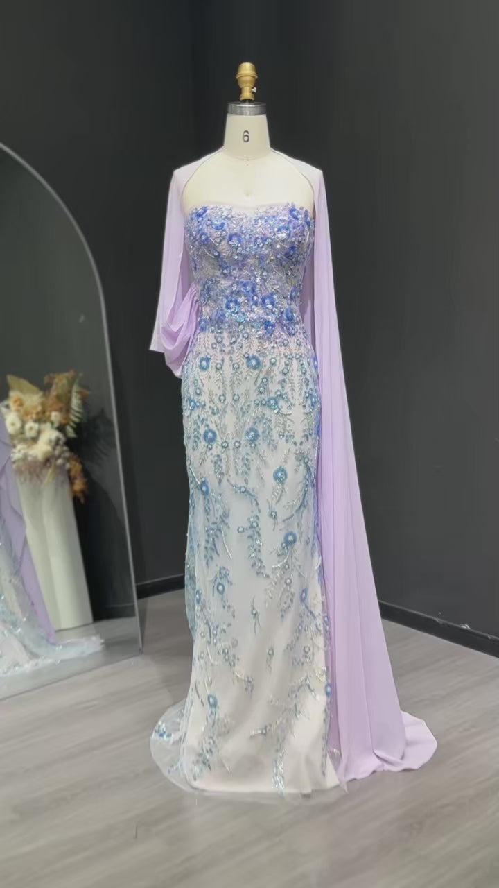 Elegant Lilac Crystal Beaded Evening Dress with Flowing Cape SS641