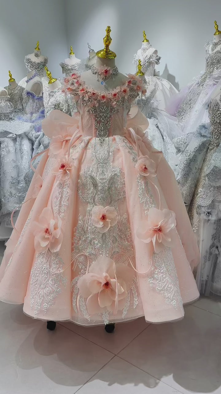 Peach Pink 3D Floral Embroidered Off-Shoulder Princess Wedding Ball Gown for Flower Girls Dress W104
