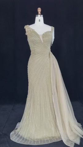 ‌ Luxury Intricately Beaded Fringe-Shoulder Fitted Evening Gown SS103