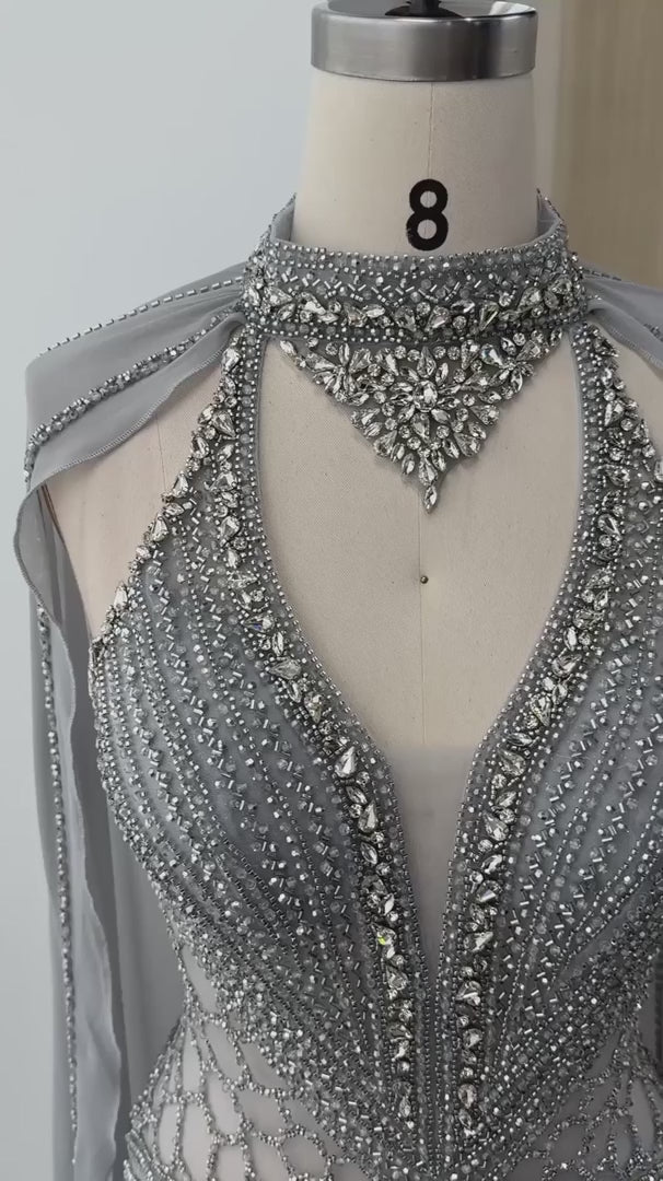 Dreamy Vow Beaded Cape Evening Gown with Illusion Waist SS049
