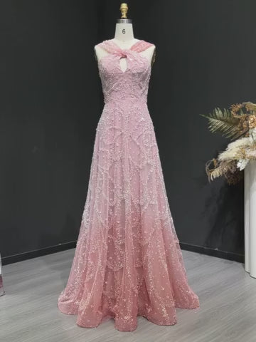 Elegant Gradient Pink Beaded Sequin Halter Prom Dress SS709