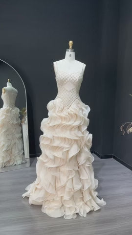 Luxury Beige Beaded Corset Ruffle Evening Dress with Layered SS257