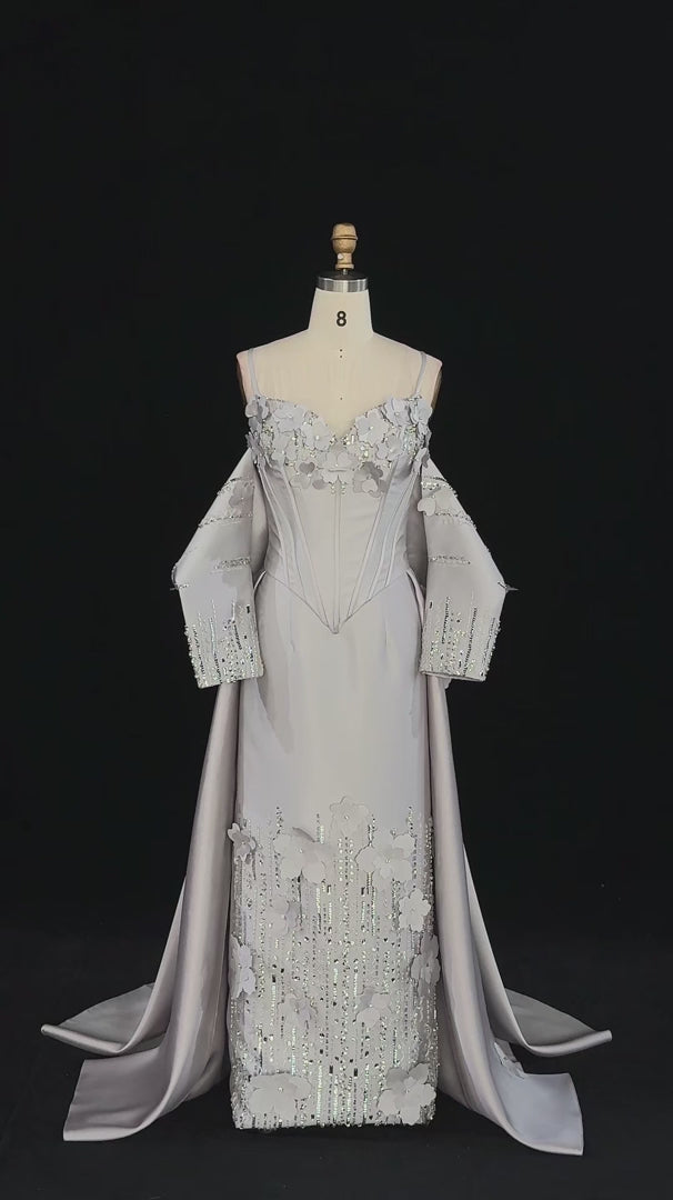 Gray Floral Applique Corset Evening Gown with Draped Sleeves XD005