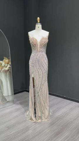 Luxury Blue Evening Dress with embellishments and slit SS133