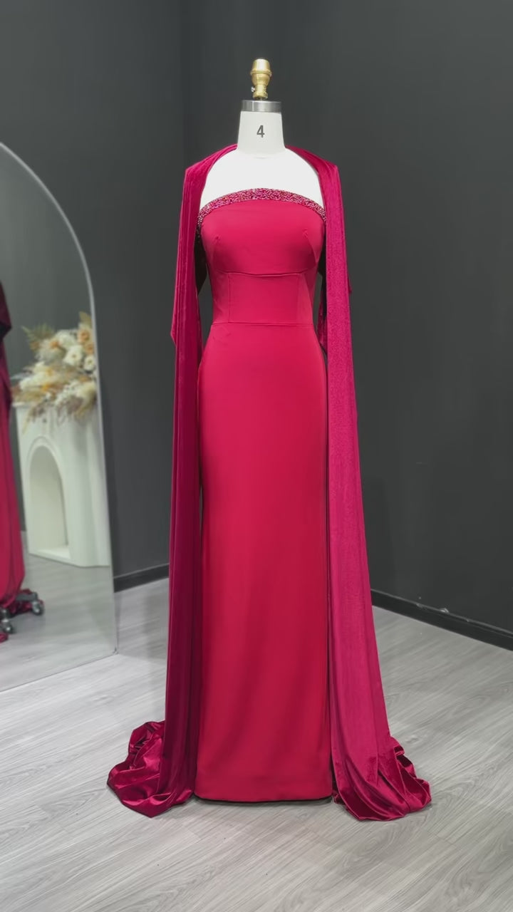 Elegant Wine Red Strapless Evening Dress with Cape SF005