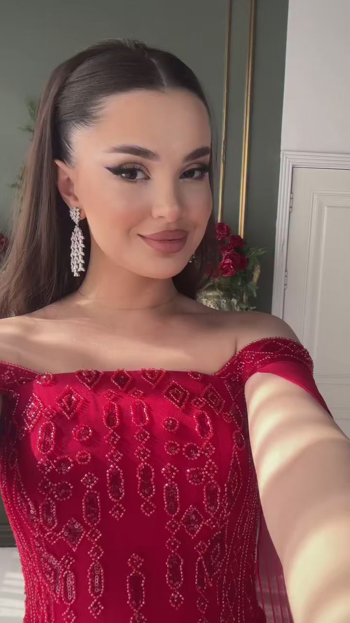 Luxury Red Beaded Corset Flowing Cape Sleeves Evening Dress SS349