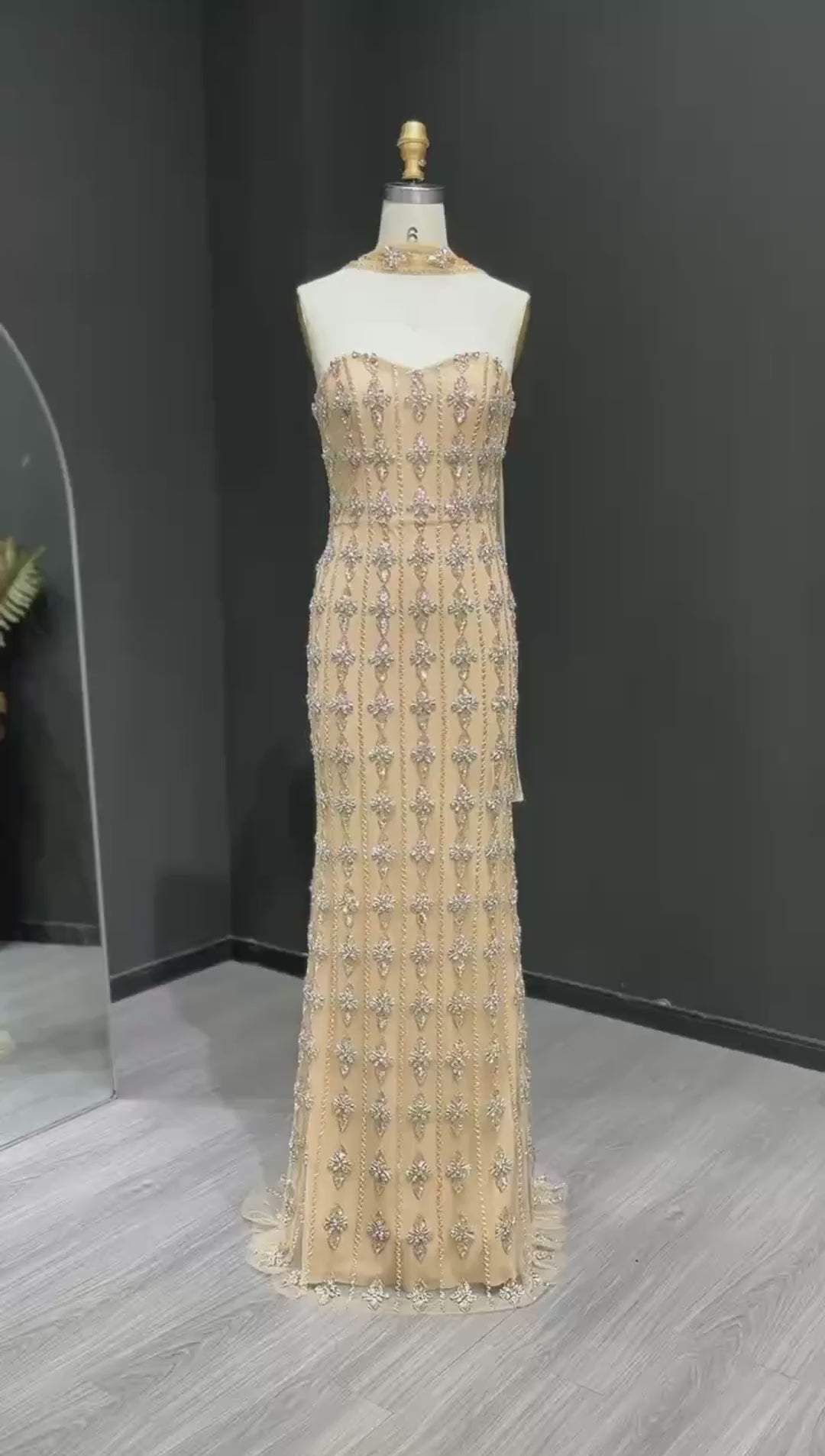 Luxury Beaded Nude Strapless Evening Dress with Scarf SS229