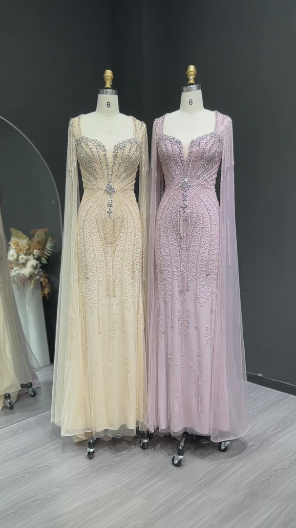 Sophisticated Evening Dress with Sheer Cape Sleeves SS024