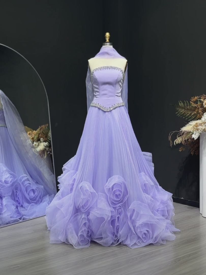 Luxury Lilac 3D Floral Tulle Evening Dress with Scarf SS310
