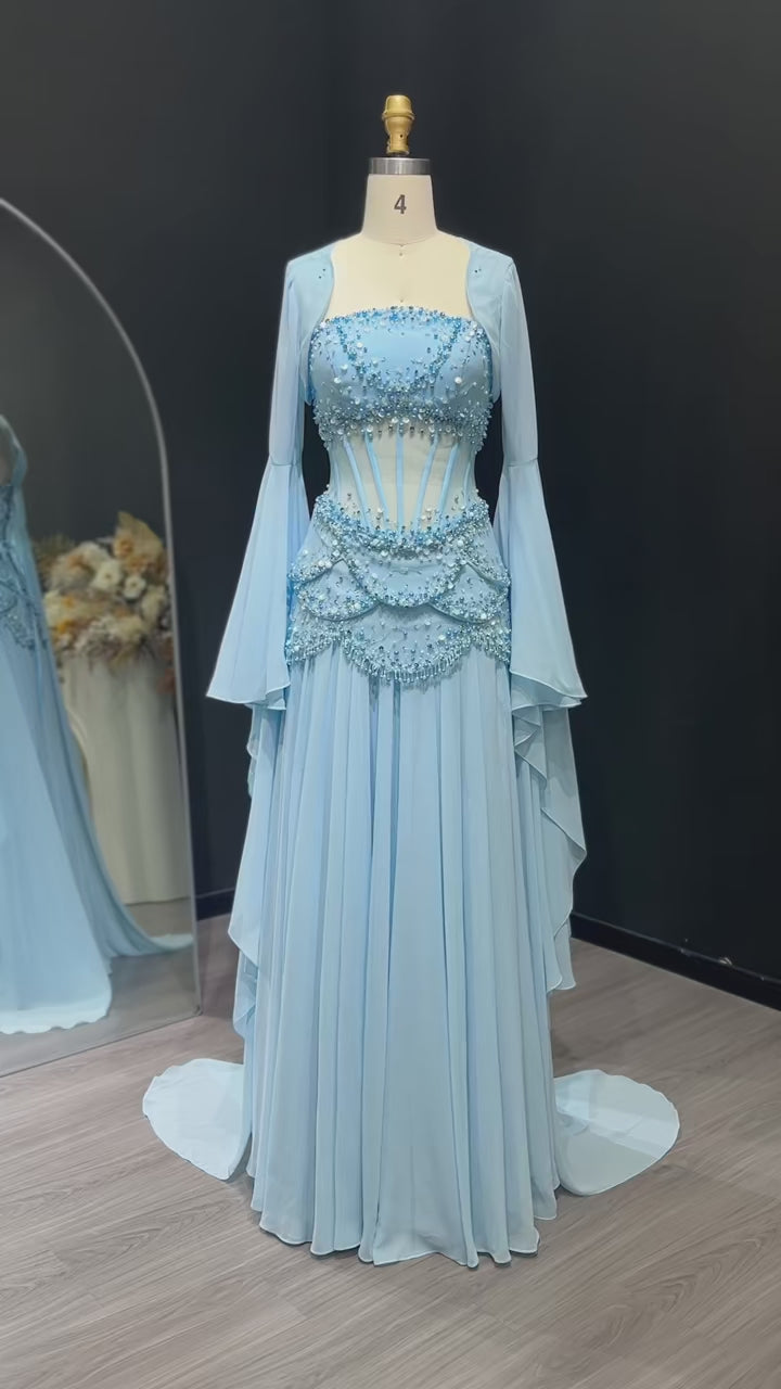 Luxury Pearls Tassel Blue Evening Dress with Flowing coat SS286